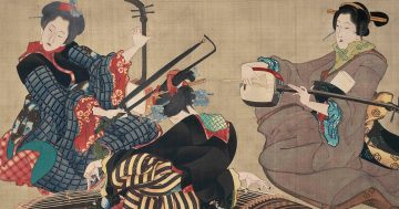 Hokusai Tres Mujeres Tocando Instrumentos Musicales mini
